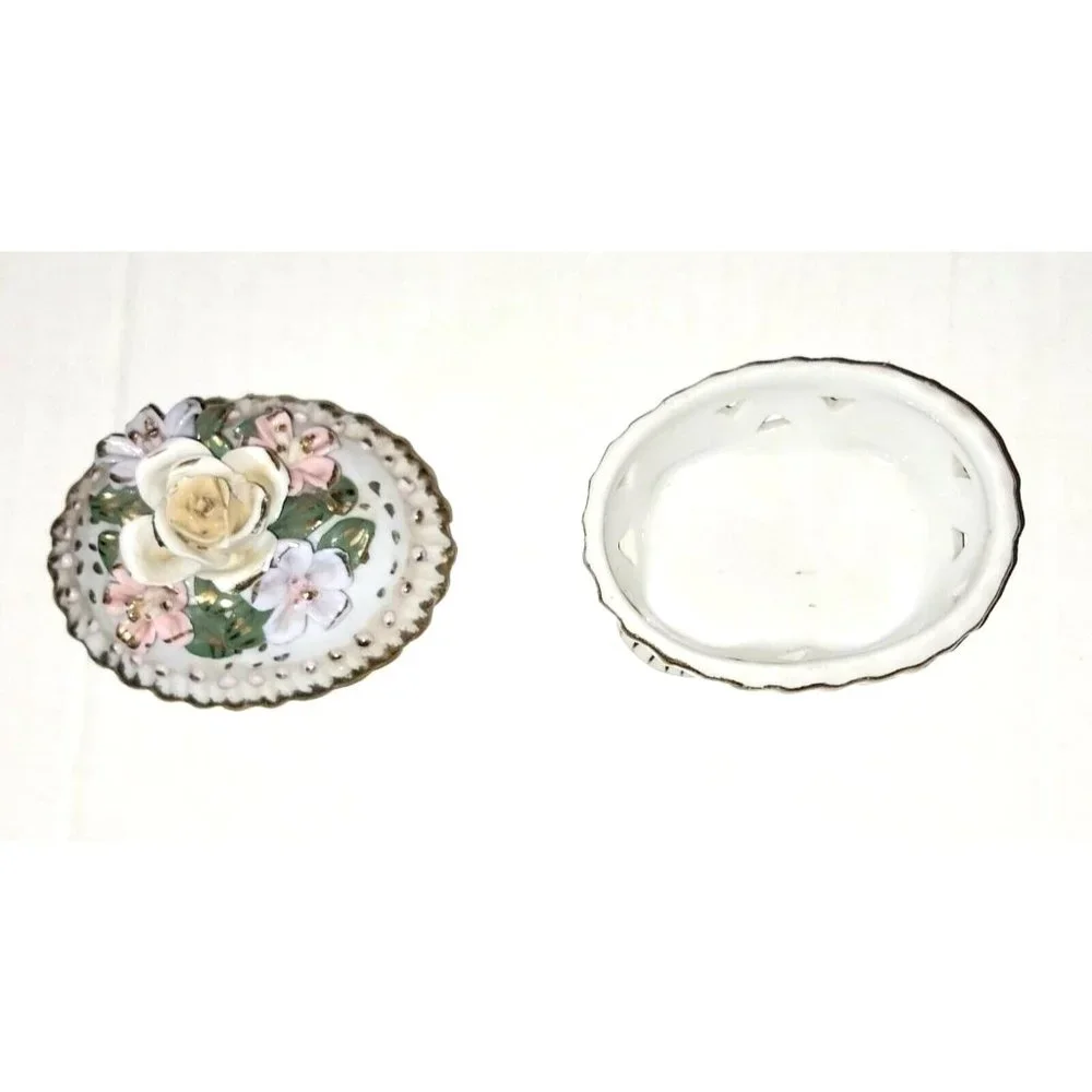 Porcelain Floral Gold Accent Trinket Dish Vintage